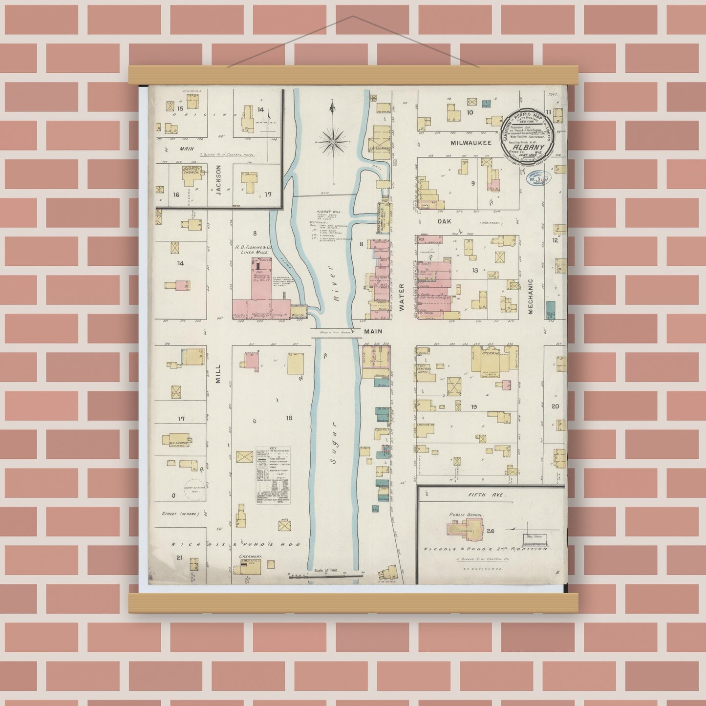 Old map wall art mockup — magnetic wood frame on brick wall — Sanborn Fire Insurance Map from Albany, Green County, Wisconsin (1894), Sheet #0001