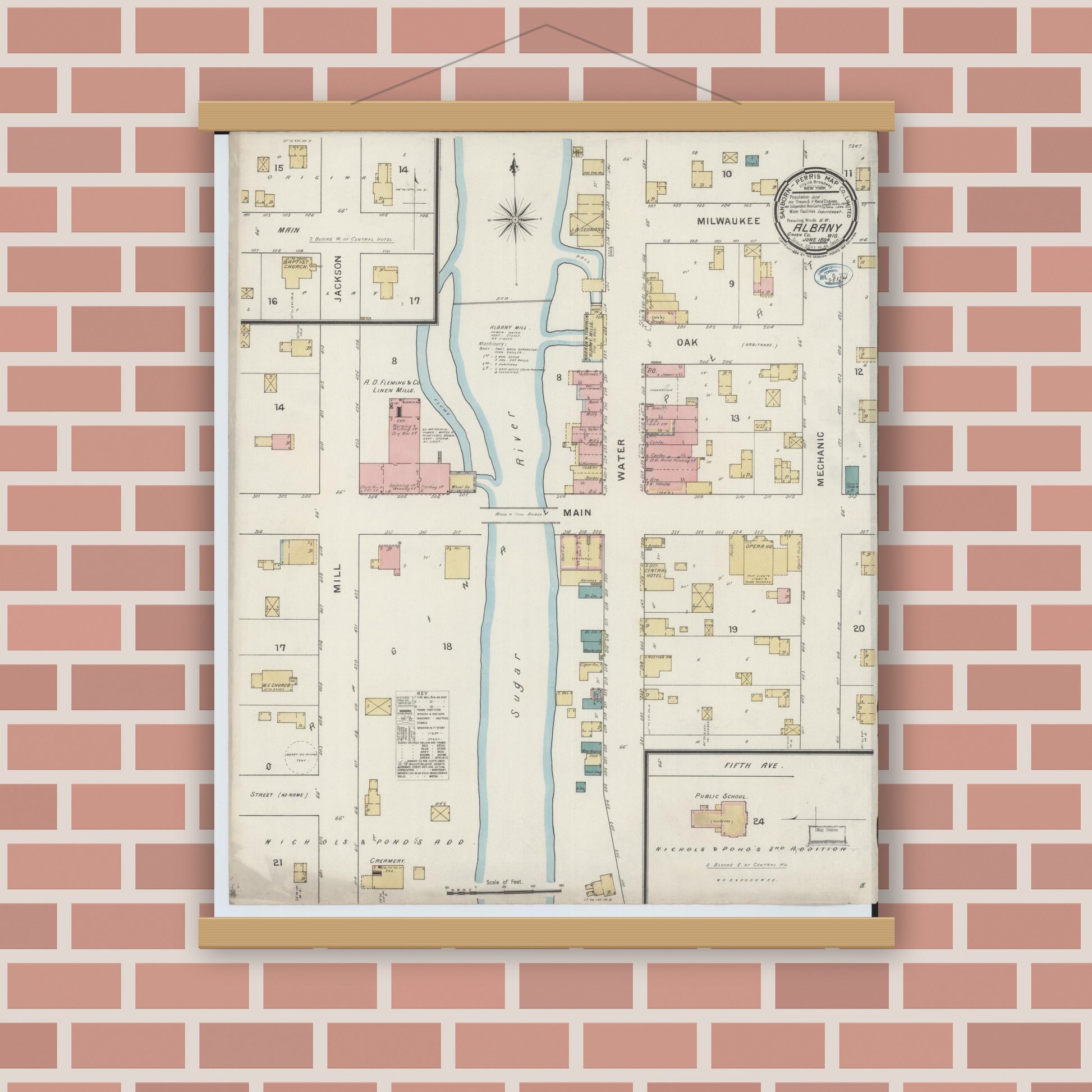 Old map wall art mockup — magnetic wood frame on brick wall — Sanborn Fire Insurance Map from Albany, Green County, Wisconsin (1894), Sheet #0001