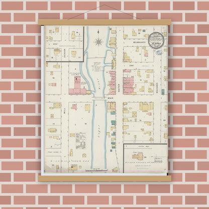 Old map wall art mockup — magnetic wood frame on brick wall — Sanborn Fire Insurance Map from Albany, Green County, Wisconsin (1894), Sheet #0001