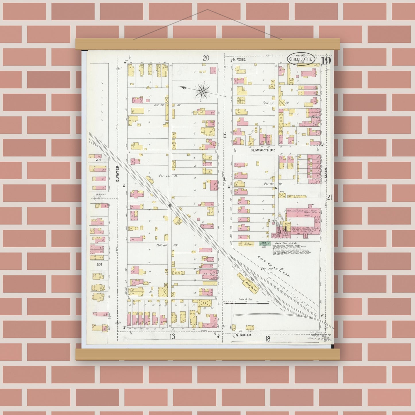 Old map wall art mockup — magnetic wood frame on brick wall — Sanborn Fire Insurance Map from Chillicothe, Ross County, Ohio (1900), Sheet #0019