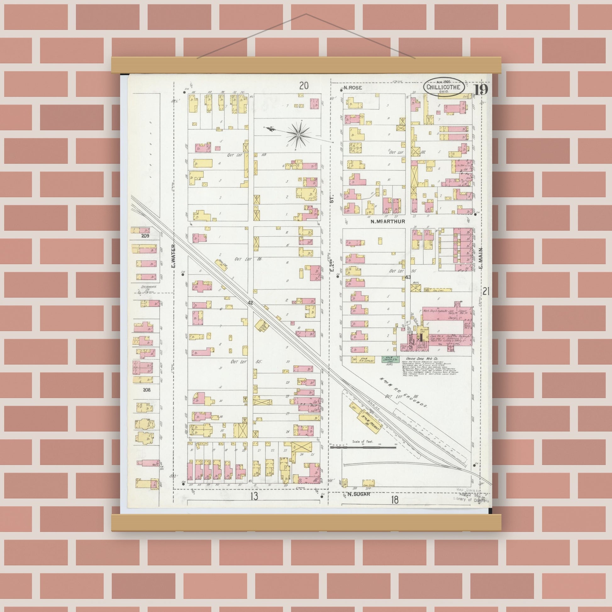 Old map wall art mockup — magnetic wood frame on brick wall — Sanborn Fire Insurance Map from Chillicothe, Ross County, Ohio (1900), Sheet #0019