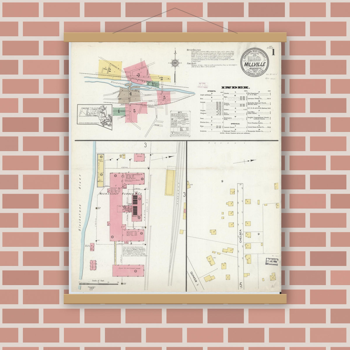Old map wall art mockup — magnetic wood frame on brick wall — Sanborn Fire Insurance Map from Millville, Worcester County, Massachusetts (1913), Sheet #0001