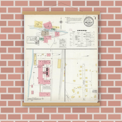 Old map wall art mockup — magnetic wood frame on brick wall — Sanborn Fire Insurance Map from Millville, Worcester County, Massachusetts (1913), Sheet #0001