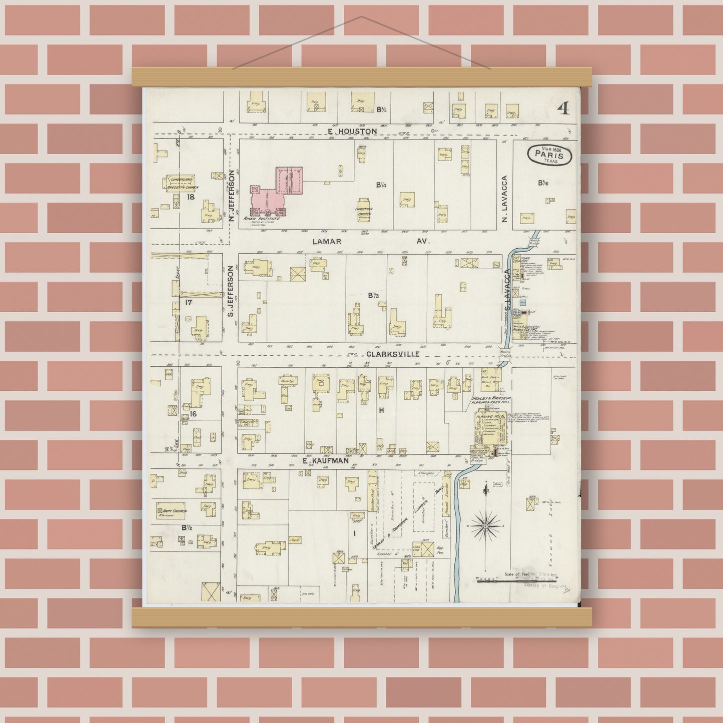 Old map wall art mockup — magnetic wood frame on brick wall — Sanborn Fire Insurance Map from Paris, Lamar County, Texas (1888), Sheet #0004