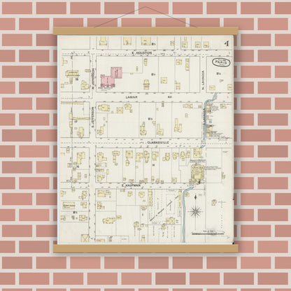 Old map wall art mockup — magnetic wood frame on brick wall — Sanborn Fire Insurance Map from Paris, Lamar County, Texas (1888), Sheet #0004