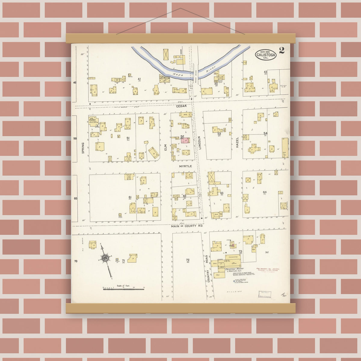 Old map wall art mockup — magnetic wood frame on brick wall — Sanborn Fire Insurance Map from Calistoga, Napa County, California (1910), Sheet #0002