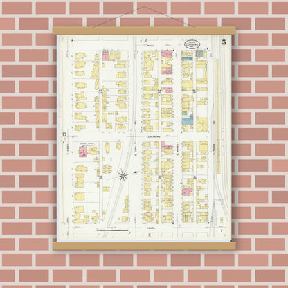 Old map wall art mockup — magnetic wood frame on brick wall — Sanborn Fire Insurance Map from Corning, Steuben County, New York (1908), Sheet #0005