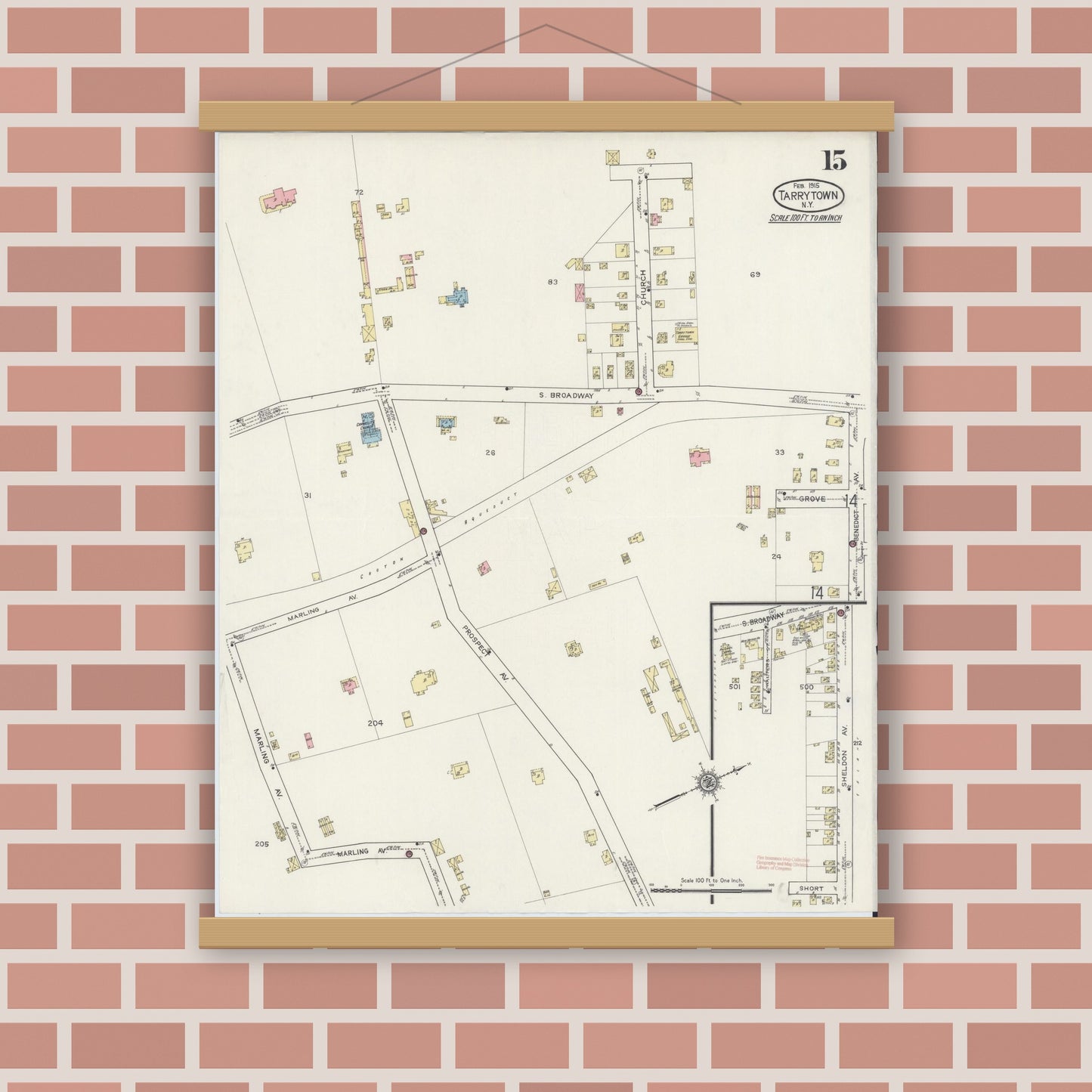 Old map wall art mockup — magnetic wood frame on brick wall — Sanborn Fire Insurance Map from Tarrytown, Westchester County, New York (1915), Sheet #0015