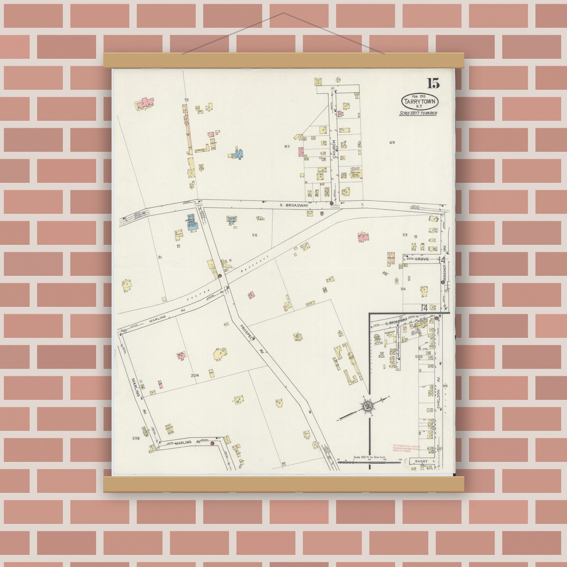 Old map wall art mockup — magnetic wood frame on brick wall — Sanborn Fire Insurance Map from Tarrytown, Westchester County, New York (1915), Sheet #0015