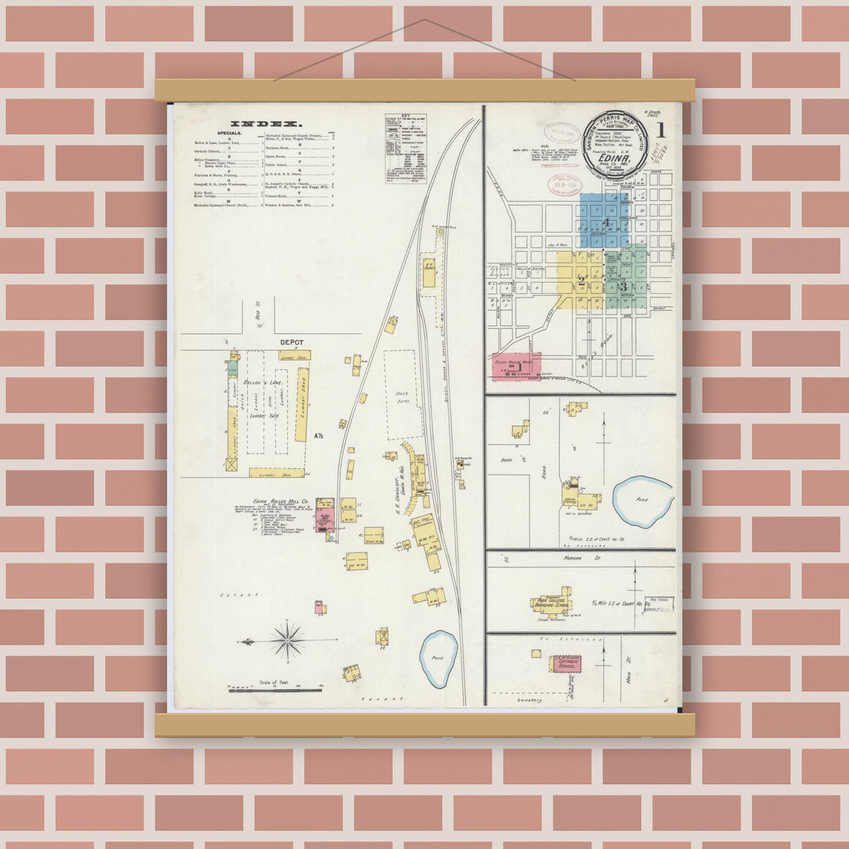 Old map wall art mockup — magnetic wood frame on brick wall — Sanborn Fire Insurance Map from Edina, Knox County, Missouri (1898) - Complete Map Set