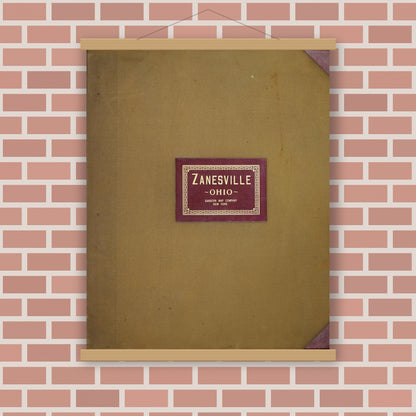 Old map wall art mockup — magnetic wood frame on brick wall — Sanborn Fire Insurance Map from Zanesville, Muskingum County, Ohio (1950), Sheet #0001