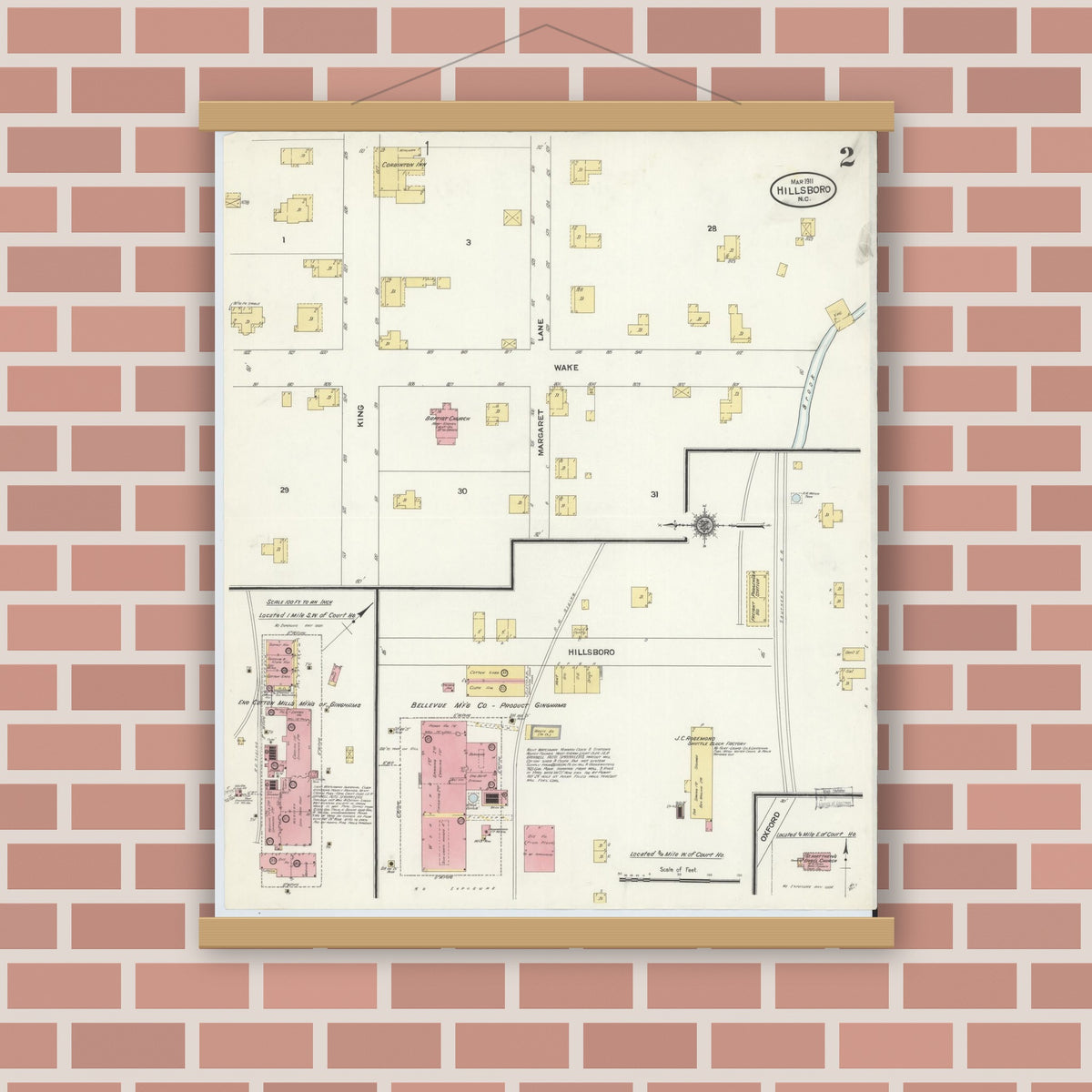 Old map wall art mockup — magnetic wood frame on brick wall — Sanborn Fire Insurance Map from Hillsboro, Orange County, North Carolina (1911), Sheet #0002
