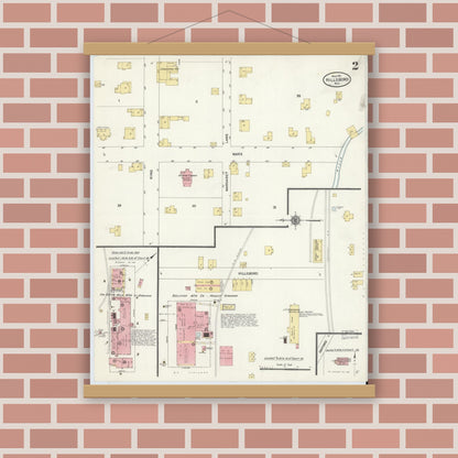 Old map wall art mockup — magnetic wood frame on brick wall — Sanborn Fire Insurance Map from Hillsboro, Orange County, North Carolina (1911), Sheet #0002