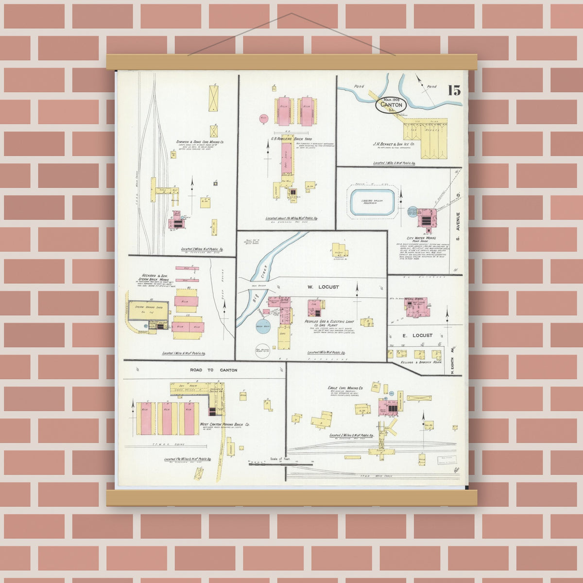 Old map wall art mockup — magnetic wood frame on brick wall — Sanborn Fire Insurance Map from Canton, Fulton County, Illinois (1909), Sheet #0015