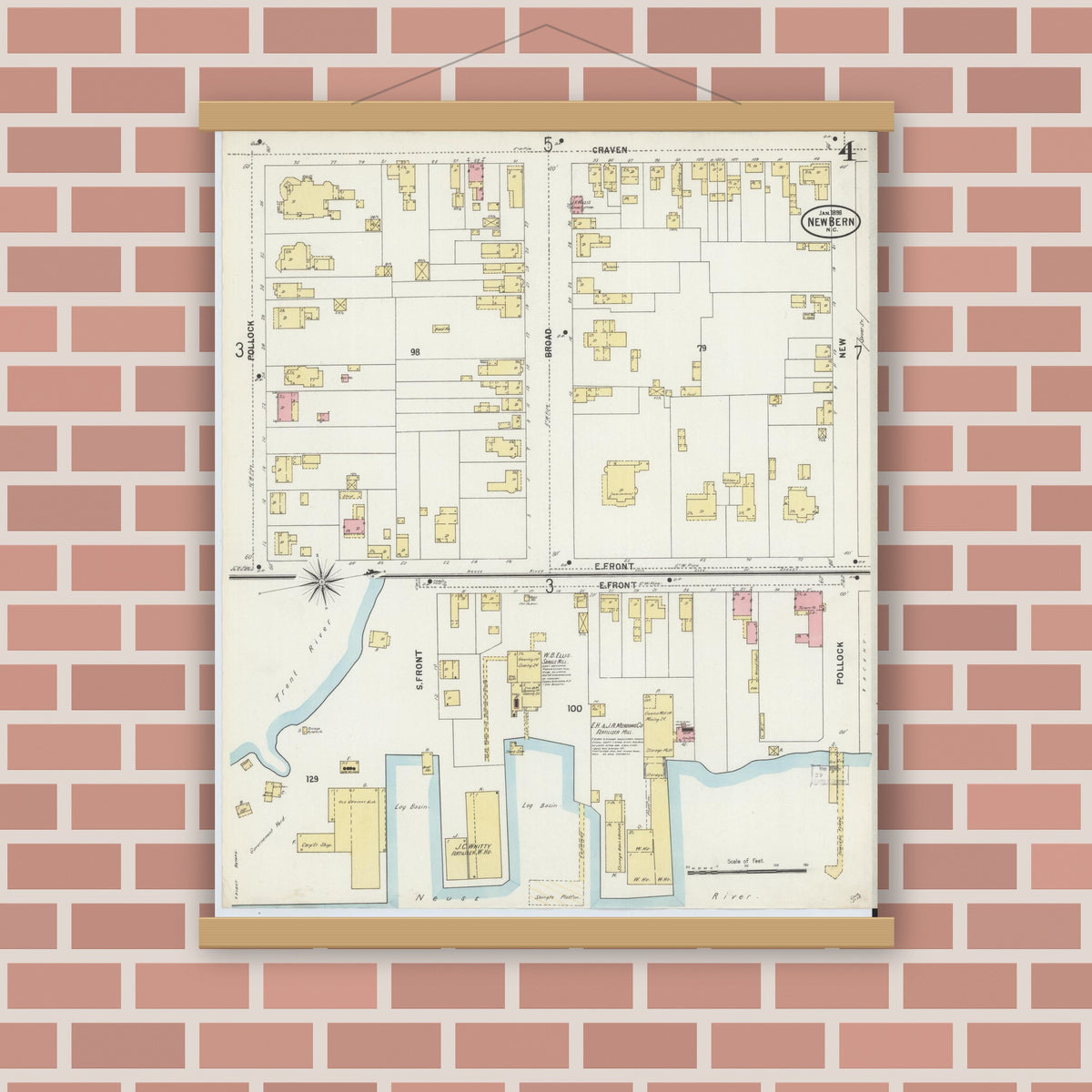 Old map wall art mockup — magnetic wood frame on brick wall — Sanborn Fire Insurance Map from New Bern, Craven County, North Carolina (1898), Sheet #0004