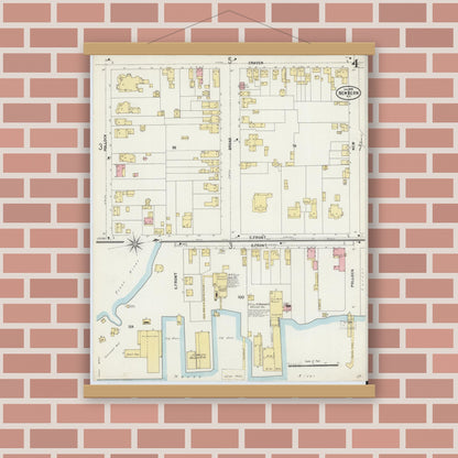 Old map wall art mockup — magnetic wood frame on brick wall — Sanborn Fire Insurance Map from New Bern, Craven County, North Carolina (1898), Sheet #0004