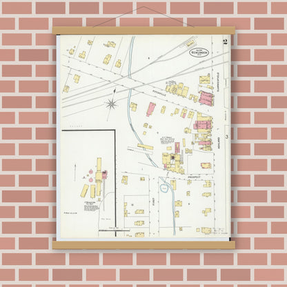 Old map wall art mockup — magnetic wood frame on brick wall — Sanborn Fire Insurance Map from New London, Huron County, Ohio (1899), Sheet #0002