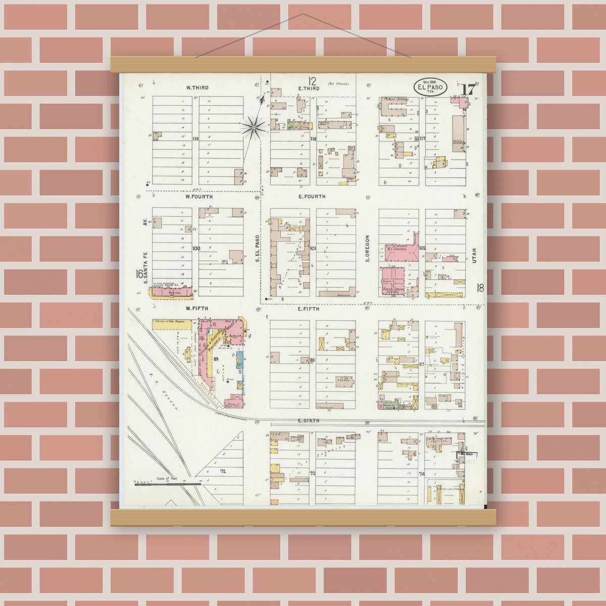 Old map wall art mockup — magnetic wood frame on brick wall — Sanborn Fire Insurance Map from El Paso, El Paso County, Texas (1898), Sheet #0017