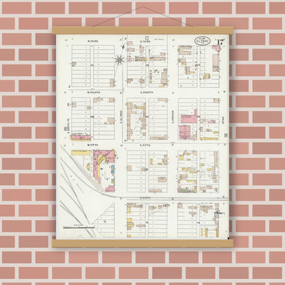 Old map wall art mockup — magnetic wood frame on brick wall — Sanborn Fire Insurance Map from El Paso, El Paso County, Texas (1898), Sheet #0017