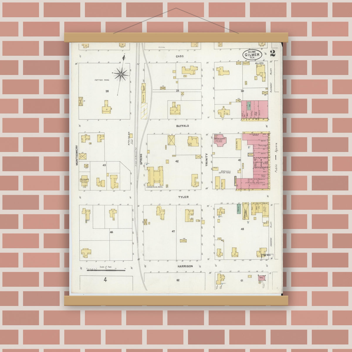 Old map wall art mockup — magnetic wood frame on brick wall — Sanborn Fire Insurance Map from Gilmer, Upshur County, Texas (1902), Sheet #0002