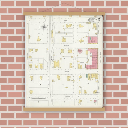 Old map wall art mockup — magnetic wood frame on brick wall — Sanborn Fire Insurance Map from Gilmer, Upshur County, Texas (1902), Sheet #0002