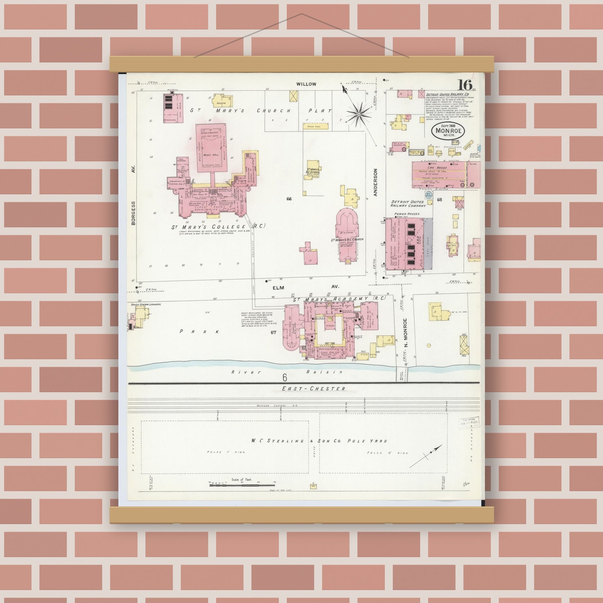 Old map wall art mockup — magnetic wood frame on brick wall — Sanborn Fire Insurance Map from Monroe, Monroe County, Michigan (1908), Sheet #0016