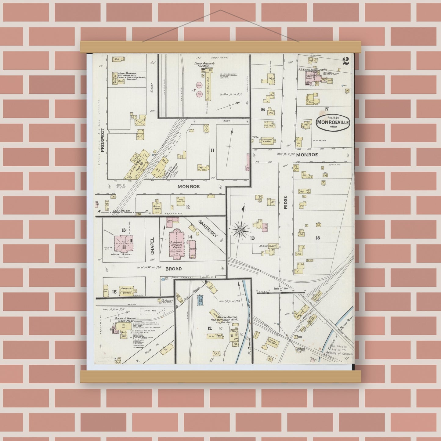 Old map wall art mockup — magnetic wood frame on brick wall — Sanborn Fire Insurance Map from Monroeville, Huron County, Ohio (1888), Sheet #0002