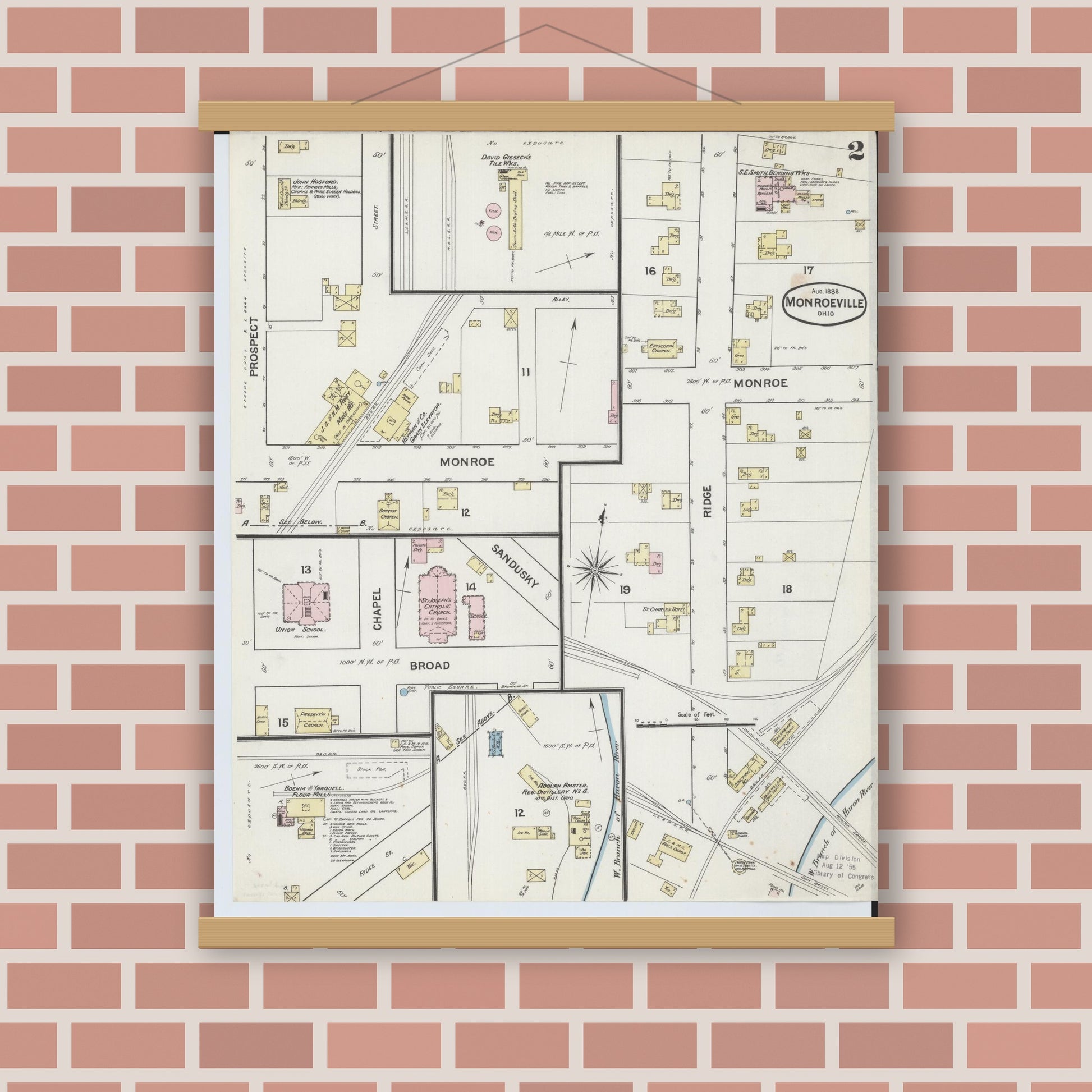 Old map wall art mockup — magnetic wood frame on brick wall — Sanborn Fire Insurance Map from Monroeville, Huron County, Ohio (1888), Sheet #0002