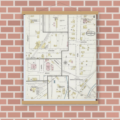 Old map wall art mockup — magnetic wood frame on brick wall — Sanborn Fire Insurance Map from Monroeville, Huron County, Ohio (1888), Sheet #0002