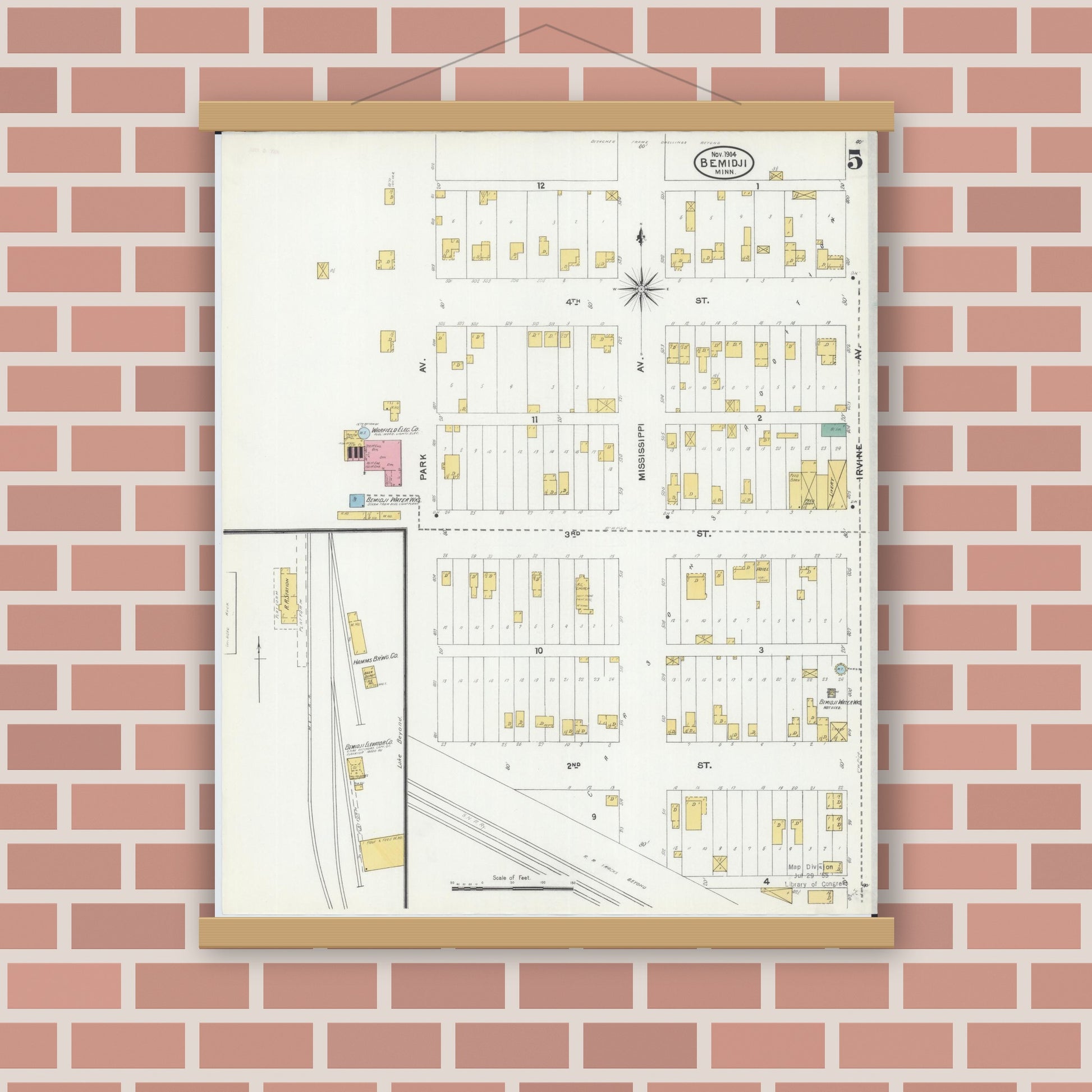 Old map wall art mockup — magnetic wood frame on brick wall — Sanborn Fire Insurance Map from Bemidji, Beltrami County, Minnesota (1904), Sheet #0005