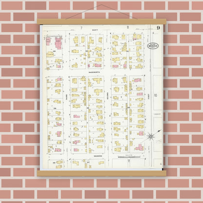 Old map wall art mockup — magnetic wood frame on brick wall — Sanborn Fire Insurance Map from Monroe, Monroe County, Michigan (1908), Sheet #0009