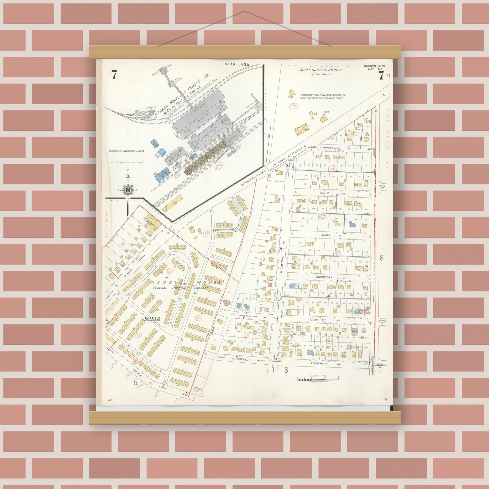 Old map wall art mockup — magnetic wood frame on brick wall — Sanborn Fire Insurance Map from Osborn, Greene County, Ohio (1943), Sheet #0007