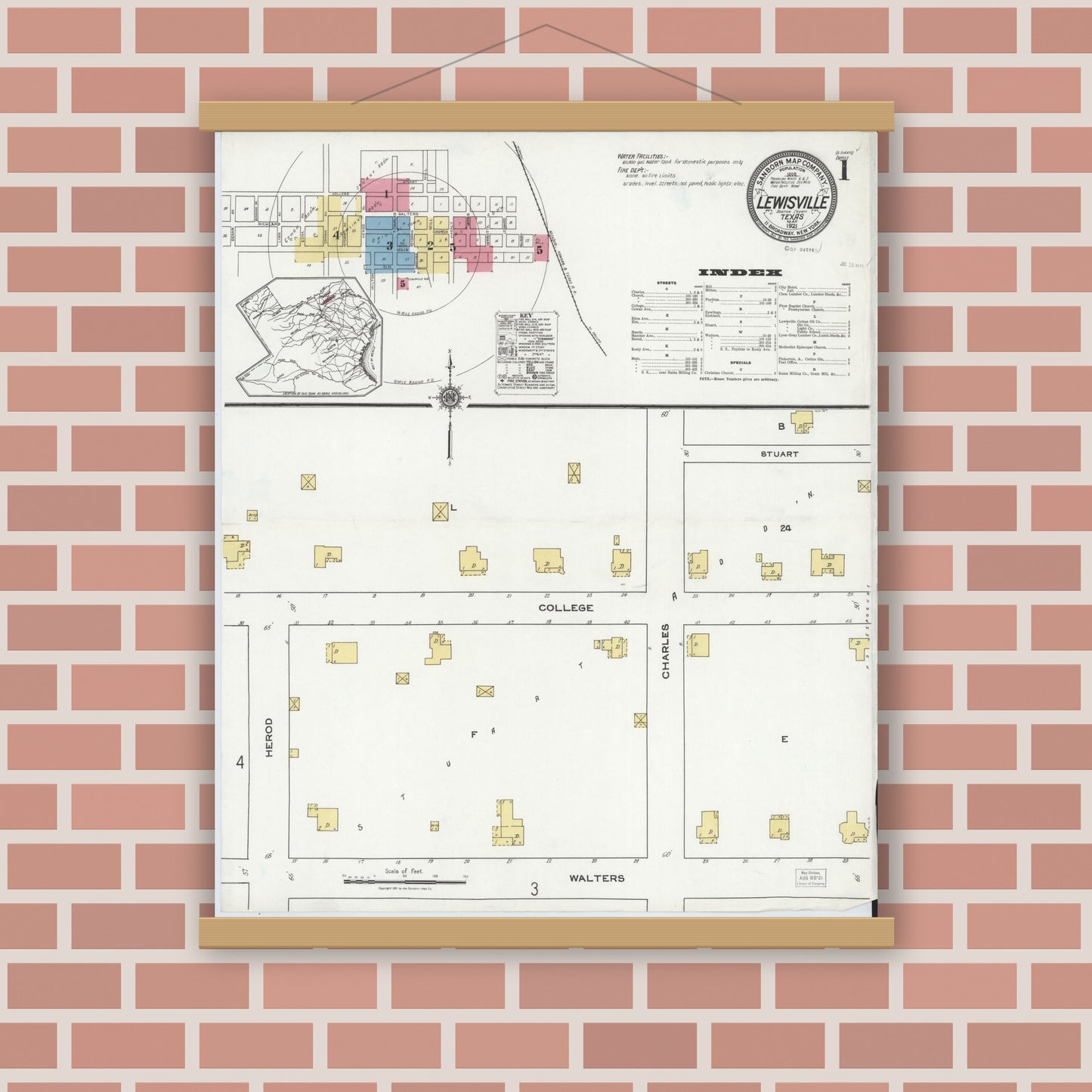 Old map wall art mockup — magnetic wood frame on brick wall — Sanborn Fire Insurance Map from Lewisville, Denton County, Texas (1921) - Complete Map Set