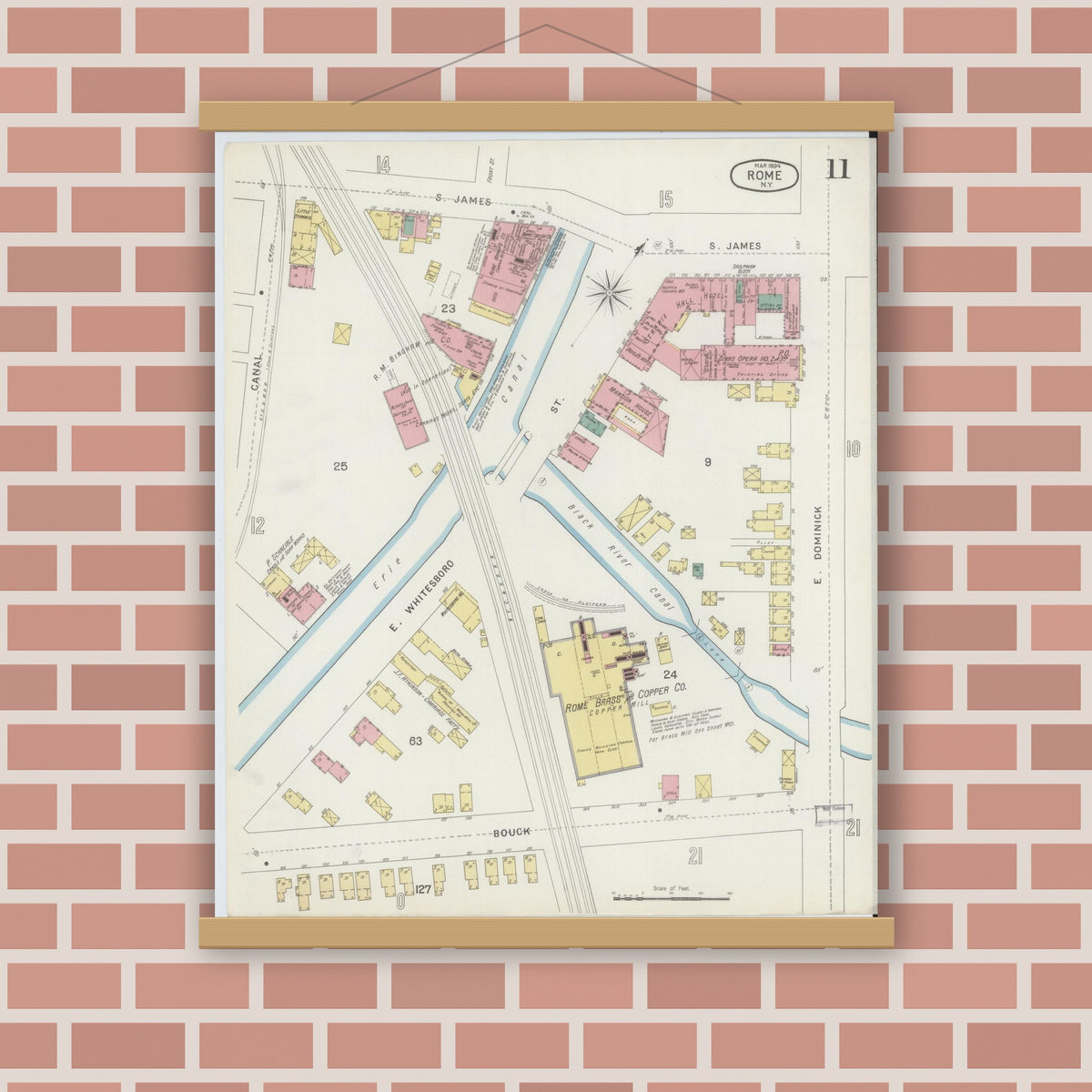 Old map wall art mockup — magnetic wood frame on brick wall — Sanborn Fire Insurance Map from Rome, Oneida County, New York (1894), Sheet #0011