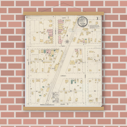 Old map wall art mockup — magnetic wood frame on brick wall — Sanborn Fire Insurance Map from Peotone, Will County, Illinois (1898), Sheet #0001