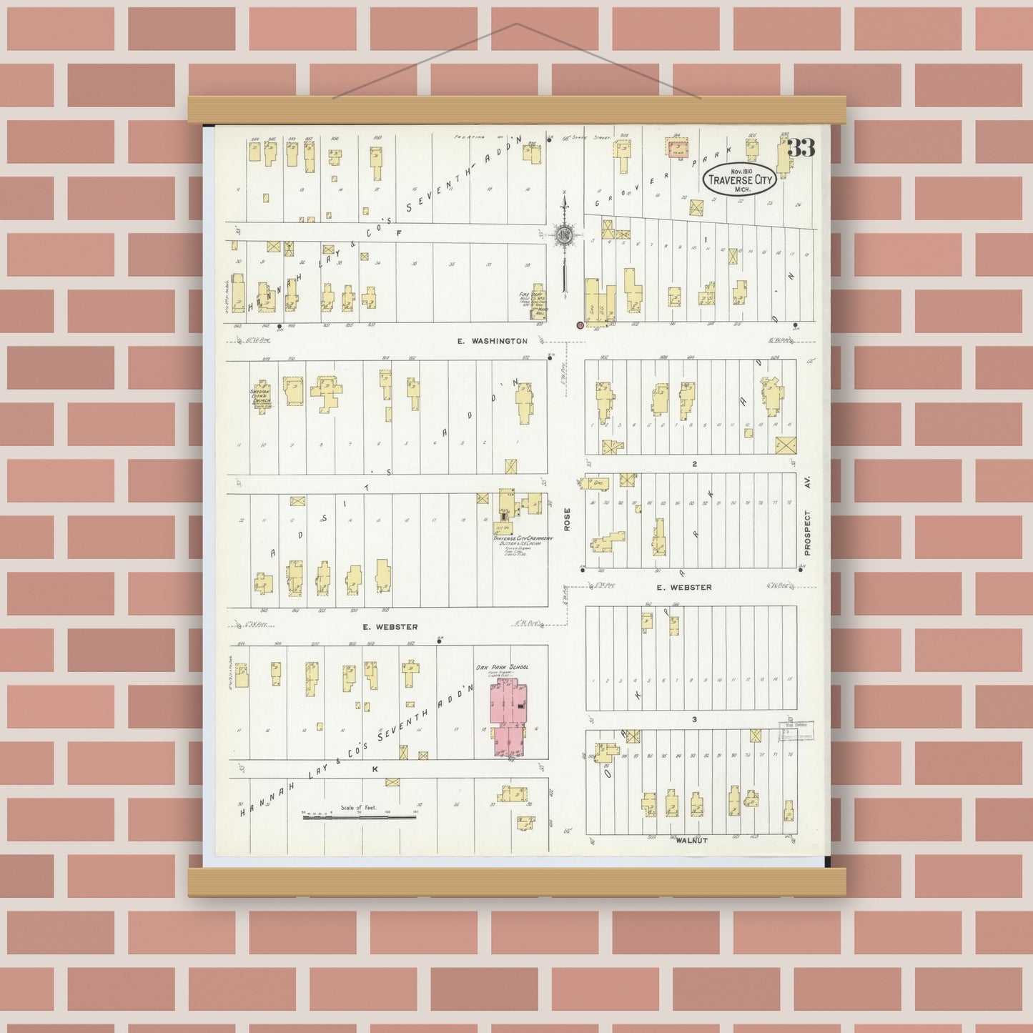 Old map wall art mockup — magnetic wood frame on brick wall — Sanborn Fire Insurance Map from Traverse City, Grand Traverse County, Michigan (1910), Sheet #0033
