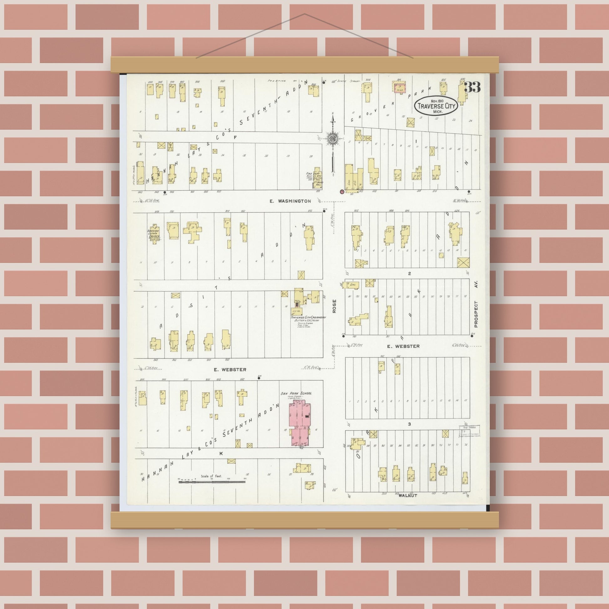 Old map wall art mockup — magnetic wood frame on brick wall — Sanborn Fire Insurance Map from Traverse City, Grand Traverse County, Michigan (1910), Sheet #0033