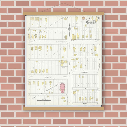 Old map wall art mockup — magnetic wood frame on brick wall — Sanborn Fire Insurance Map from Traverse City, Grand Traverse County, Michigan (1910), Sheet #0033