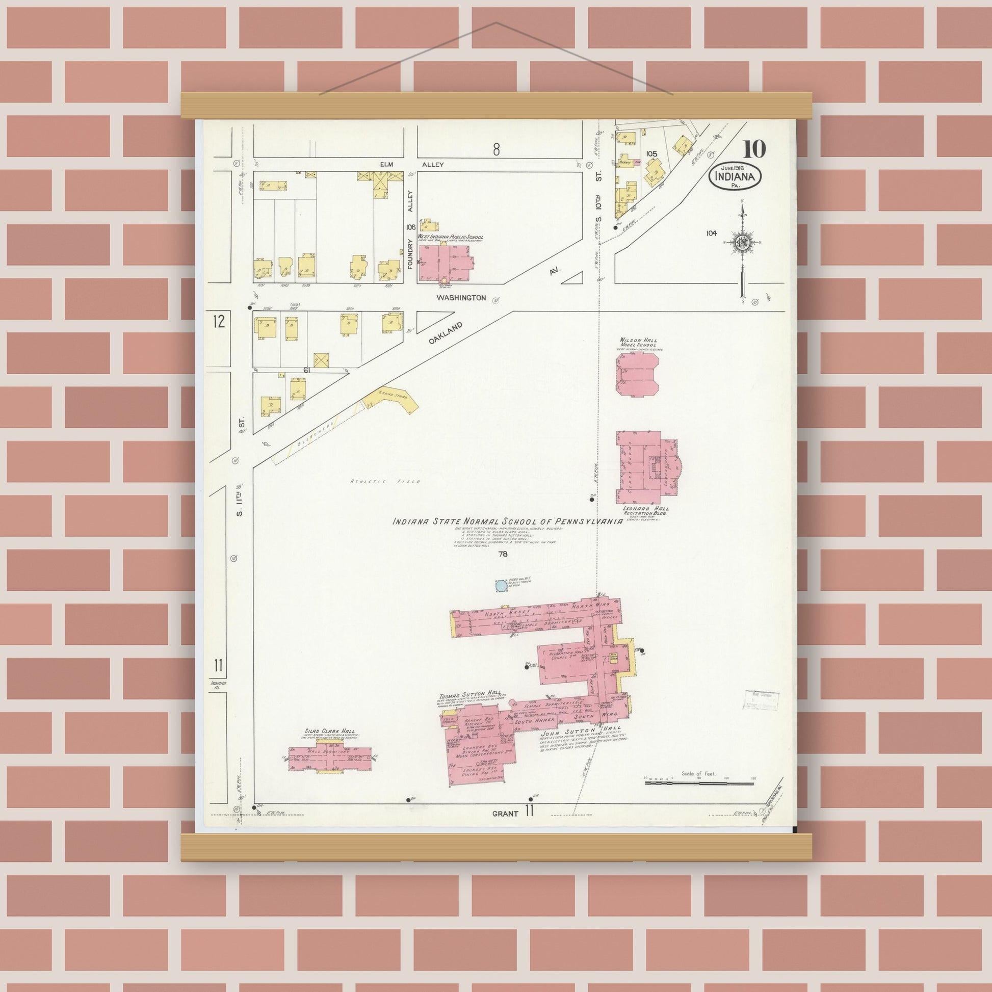 Old map wall art mockup — magnetic wood frame on brick wall — Sanborn Fire Insurance Map from Indiana, Indiana County, Pennsylvania (1916), Sheet #0010