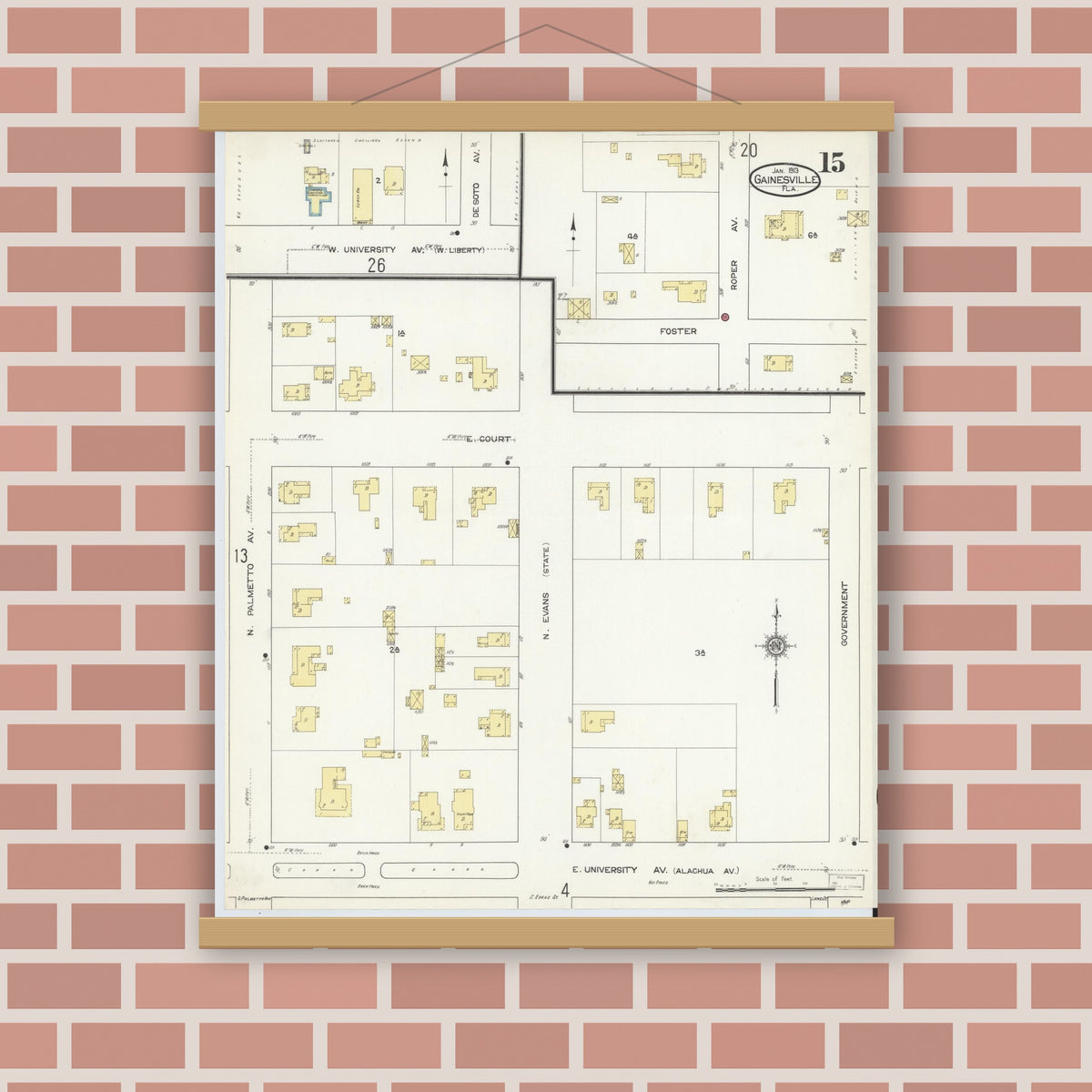 Old map wall art mockup — magnetic wood frame on brick wall — Sanborn Fire Insurance Map from Gainesville, Alachua County, Florida (1913), Sheet #0015