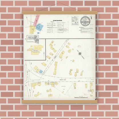 Old map wall art mockup — magnetic wood frame on brick wall — Sanborn Fire Insurance Map from South Deerfield, Franklin County, Massachusetts (1912), Sheet #0001