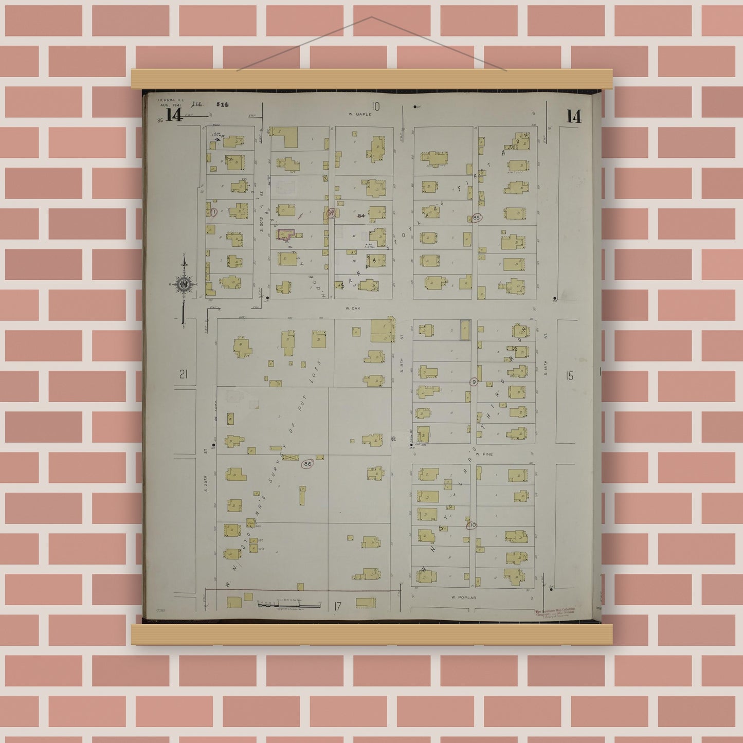 Old map wall art mockup — magnetic wood frame on brick wall — Sanborn Fire Insurance Map from Herrin, Williamson County, Illinois (1947), Sheet #0014