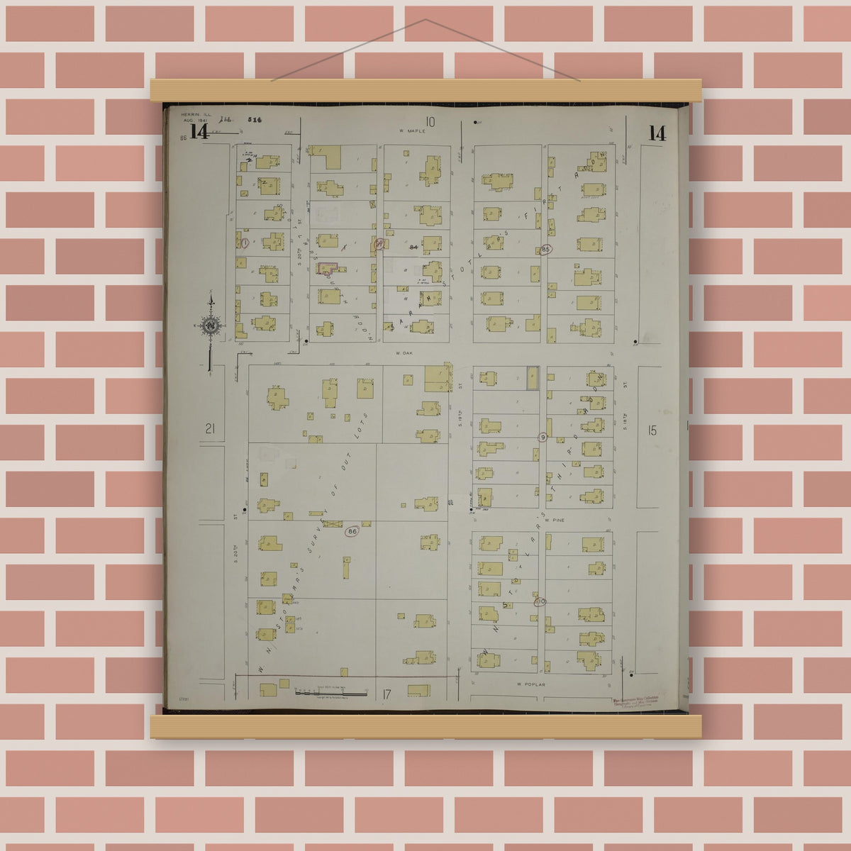 Old map wall art mockup — magnetic wood frame on brick wall — Sanborn Fire Insurance Map from Herrin, Williamson County, Illinois (1947), Sheet #0014