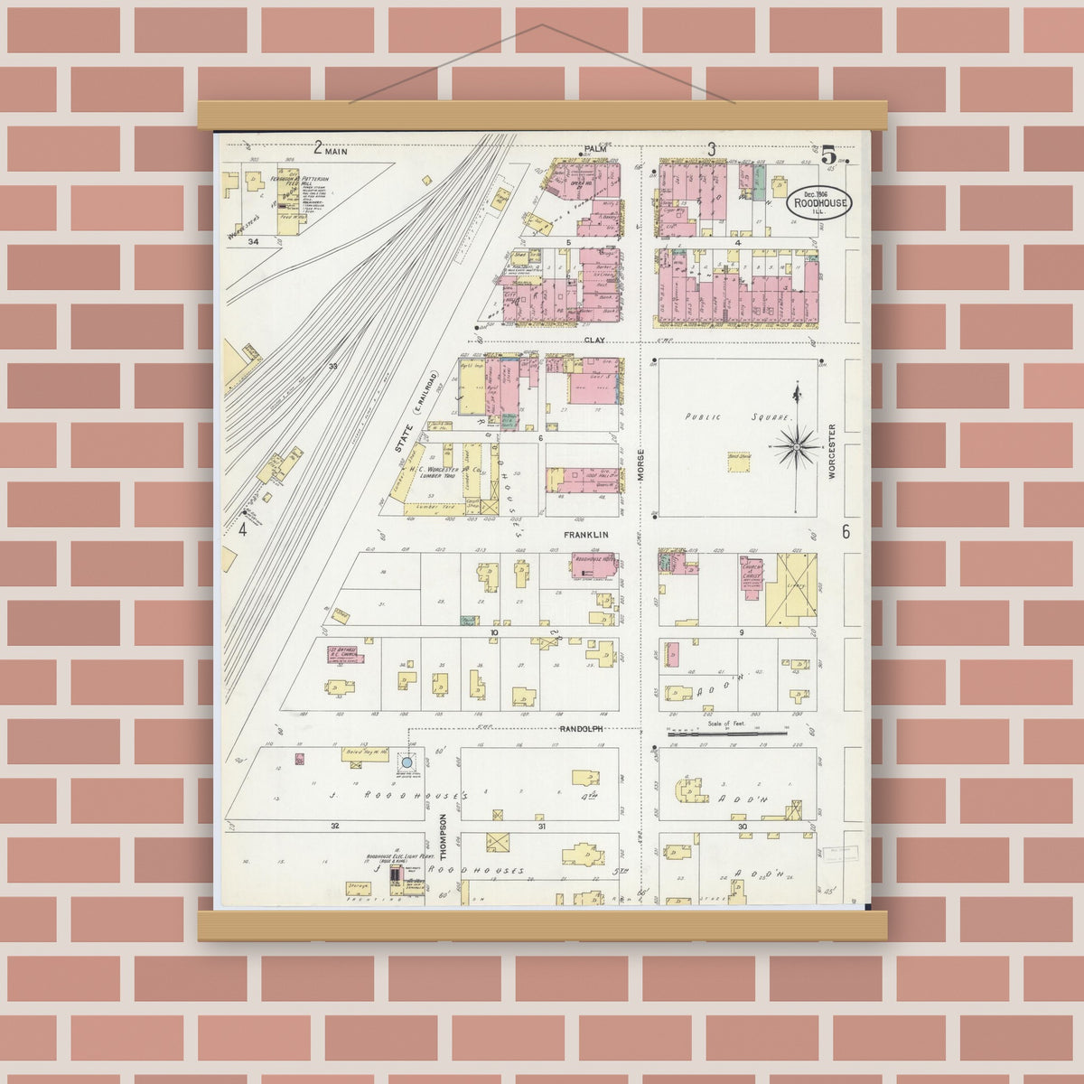 Old map wall art mockup — magnetic wood frame on brick wall — Sanborn Fire Insurance Map from Roodhouse, Greene County, Illinois (1906), Sheet #0005