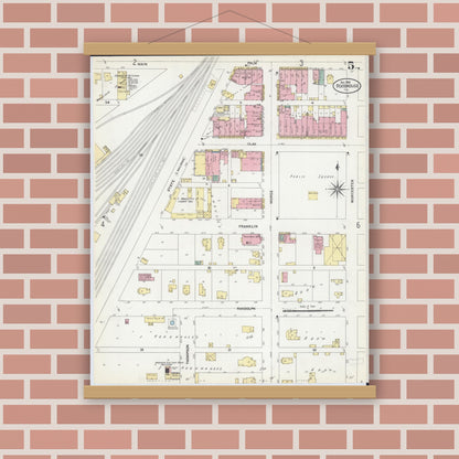 Old map wall art mockup — magnetic wood frame on brick wall — Sanborn Fire Insurance Map from Roodhouse, Greene County, Illinois (1906), Sheet #0005