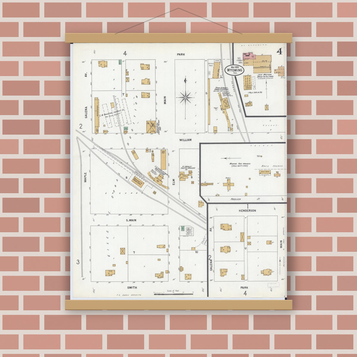 Old map wall art mockup — magnetic wood frame on brick wall — Sanborn Fire Insurance Map from Wyoming, Stark County, Illinois (1899), Sheet #0004