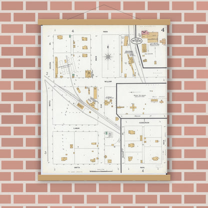 Old map wall art mockup — magnetic wood frame on brick wall — Sanborn Fire Insurance Map from Wyoming, Stark County, Illinois (1899), Sheet #0004