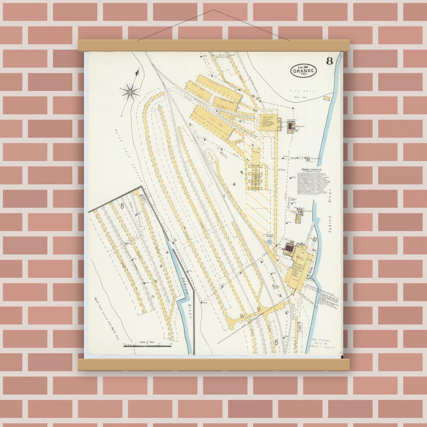 Old map wall art mockup — magnetic wood frame on brick wall — Sanborn Fire Insurance Map from Orange, Orange County, Texas (1904), Sheet #0008