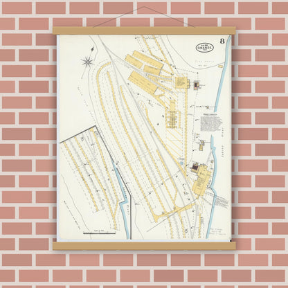 Old map wall art mockup — magnetic wood frame on brick wall — Sanborn Fire Insurance Map from Orange, Orange County, Texas (1904), Sheet #0008