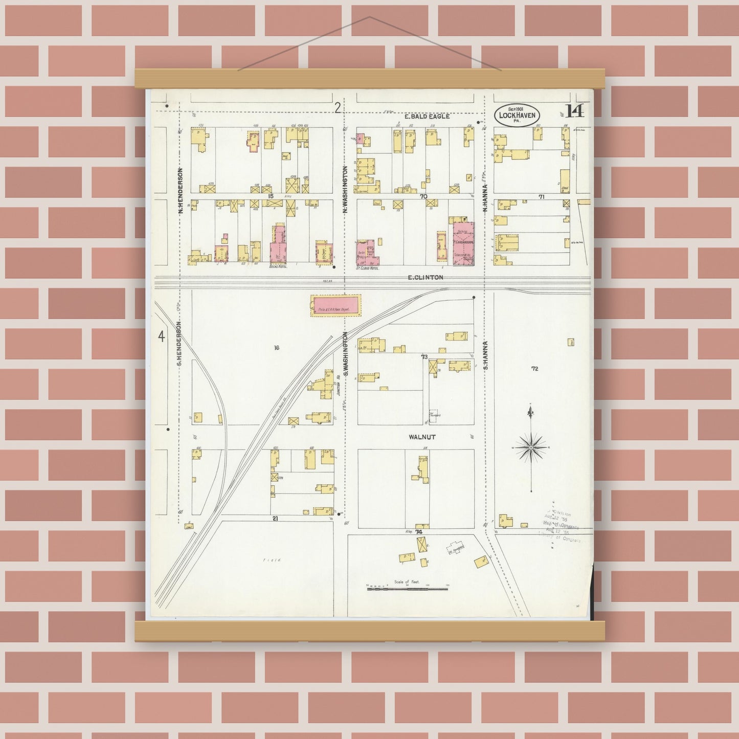Old map wall art mockup — magnetic wood frame on brick wall — Sanborn Fire Insurance Map from Lock Haven, Clinton County, Pennsylvania (1901), Sheet #0014